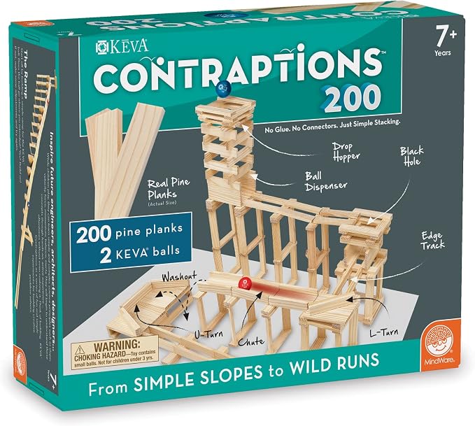 MindWare KEVA Contraptions, Wooden Blocks Building Set, Marble Run Kit, Includes 2 Balls - 200 Planks | Build and rebuild endless designs with 200 wooden planks. Includes 2 balls and 1 idea book with project photos.