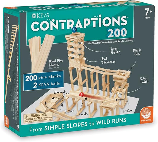 MindWare KEVA Contraptions, Wooden Blocks Building Set, Marble Run Kit, Includes 2 Balls - 200 Planks | Build and rebuild endless designs with 200 wooden planks. Includes 2 balls and 1 idea book with project photos.