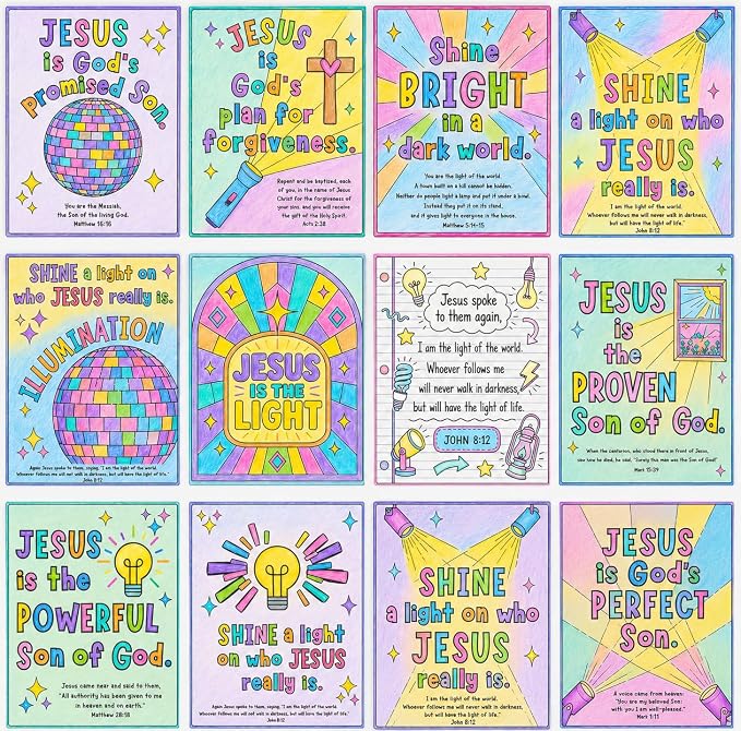 Sunday School Crafts for Kids, Jesus Coloring Pages for Kids, 12 PCS Christian Bible Verse Coloring Sheets, Religious Activity Pages for Sunday School, Preschool, Homeschool, Learning Activities