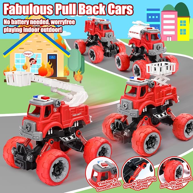 LUDILO Fire Trucks Toddlers 3-5 Take Apart Toys Gifts 3 4 5 Year Old Boys | 4PCS Kids DIY Assembly Firetruck/Electric Drill/Toddler Stem Building Fire Truck Toys 3 4 5 Year Old Boys Birthday Gift Xmas