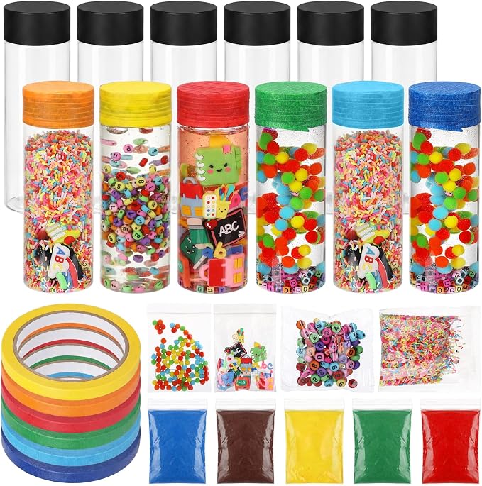 146 Pcs Adult Sensory Bottles Filler Fine Kits Sensory Bin Items Counting Sorting Supplies for Office Education Activities Include Pom Poms Pen Scissors Notebooks