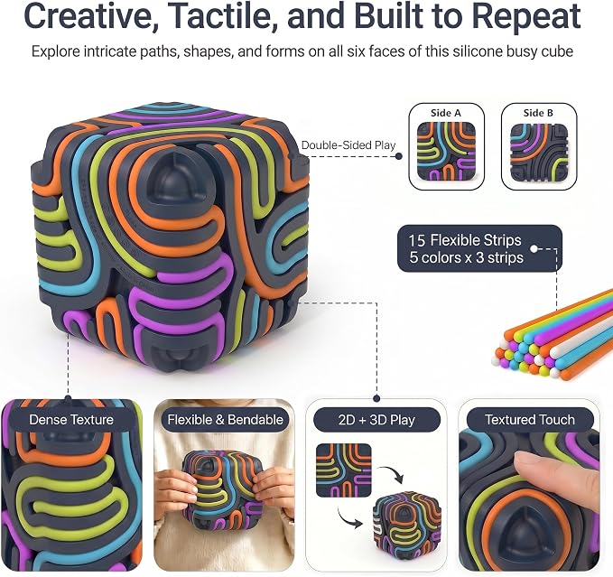 Sensory Activity Board Cube Fidget Toys for Kids & Adults - Zero Noise Silicone Quiet Toddler Travel Toys for Car Rides & Airplane - Autism ADHD Calming Toy Gift Stuffers with 15 Strings