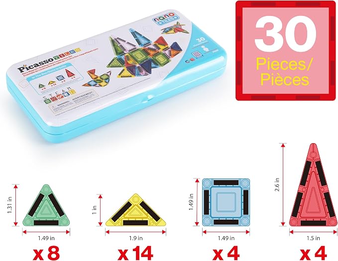 PicassoTiles Magnetic Tiles 30pc Nano Building Construction Set Compact Mini Travel Magnet Tile Playset with Tin Storage Case STEM Educational Learning School Brain Toy Blocks Boys Girls Ages 3+ PN09