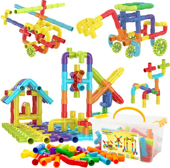 PicassoTiles 100PCS STEM Pipe Building Playset Interlocking Tube Construction Toy with Wheels and Clear Storage Box Educational Learning Toys for Preschool Montessori Kids Age 3+ Boys and Girls PTT139
