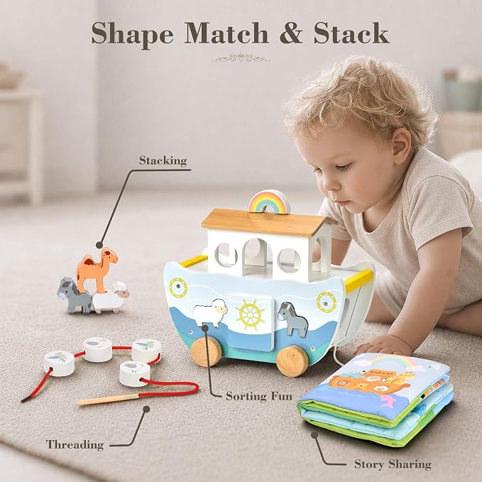 Wooden Noah’s Ark Toy with Book, Baptism Gifts for Boys and Girls | Montessori Toys for 1 Year Old with sorting and pull-along; Christian Baby Toys for Toddlers 1-3; Christmas Birthday Gifts.