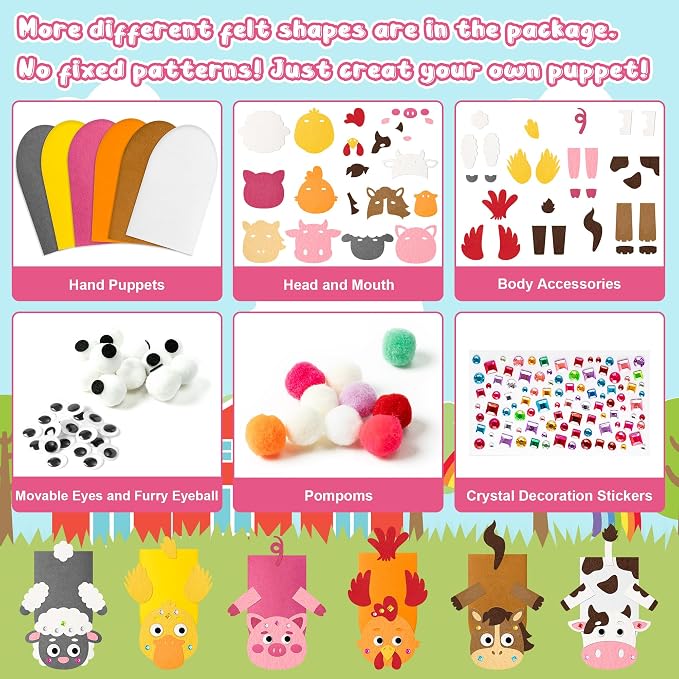 WATINC Hand Puppet Making Kit, Felt Sock Puppet Toys for Kids (Farm A) | 6 Styles, Make Your Own Storytelling & Role Play Crafts, Creative Group Activity, Party Favors & Gifts for Kids Ages 4-8