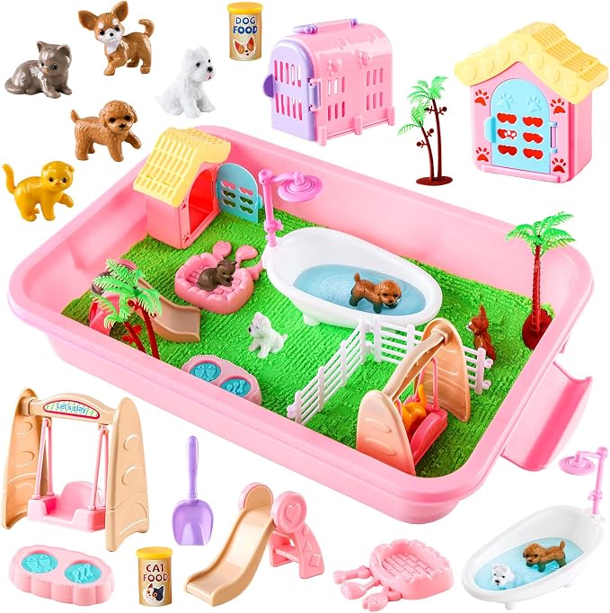 Aprilwolf 21 PCS Pet Sensory Bin, Dog & Cat Sandbox with Sand & Box | Play Sand Art Toys Kit, Pet Care Play Set, Beach Toys for Kids Ages 4-8, Birthday Gift Girls Boys 3 4 5 6 7 Years Old