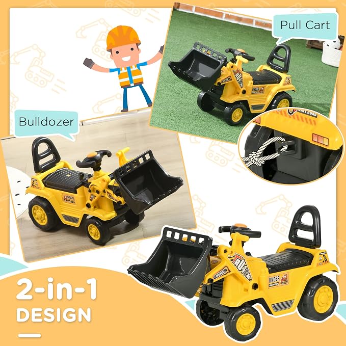 HOMCOM Ride On Excavator Ride On Bulldozer with Horn, Under Seat Storage | Kids Bulldozer Pull Cart, Sit and Scoot, Pretend Play Toy Construction Car, Ages 18-48 Months