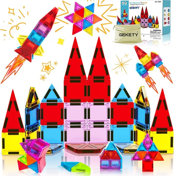 Mini Magnetic Tiles 32 Pcs, STEM Building Blocks Travel Toy for Kids | Encourages creativity, fine motor skills, and problem-solving through hands-on construction and imaginative play