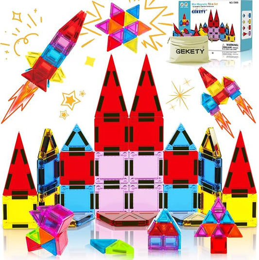 Mini Magnetic Tiles 32 Pcs, STEM Building Blocks Travel Toy for Kids | Encourages creativity, fine motor skills, and problem-solving through hands-on construction and imaginative play