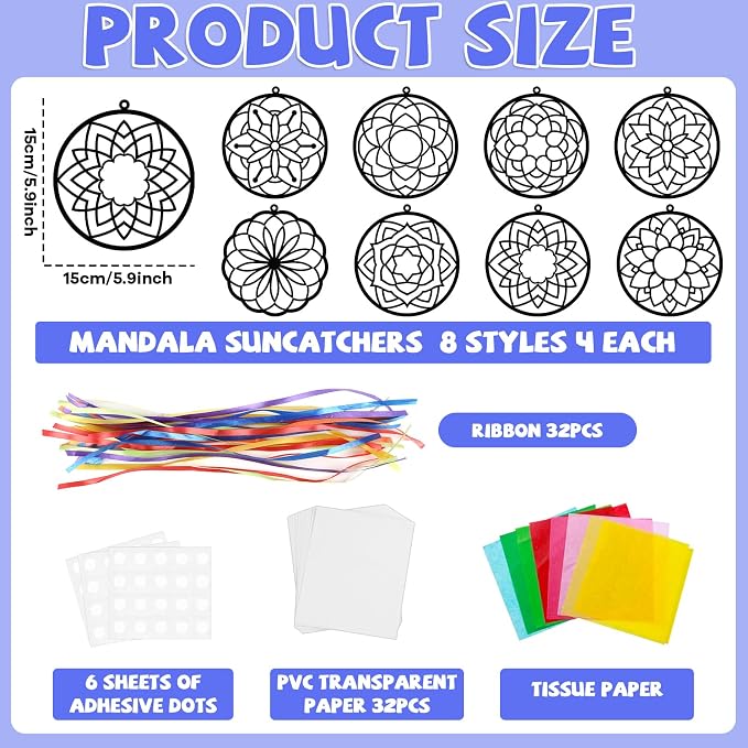 Lonfliness 32 Sets Suncatchers Craft Kit DIY Flower Window Stained Glass Effect Paper Spring Home School Classroom Decoration Art Craft Creative Activity Project Gift Favor