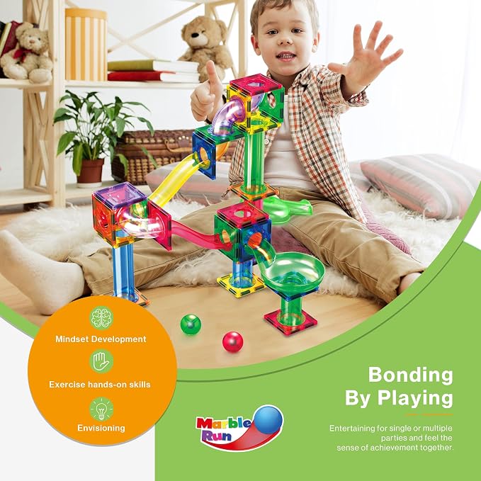 PicassoTiles 200 PCS Picasso Tiles Marble Run LED Race Track Set Ages 3+ | 193 translucent parts, 7 balls including 2 light-up, vertical & horizontal 3D builds, BPA-free ABS, fine motor & spatial play