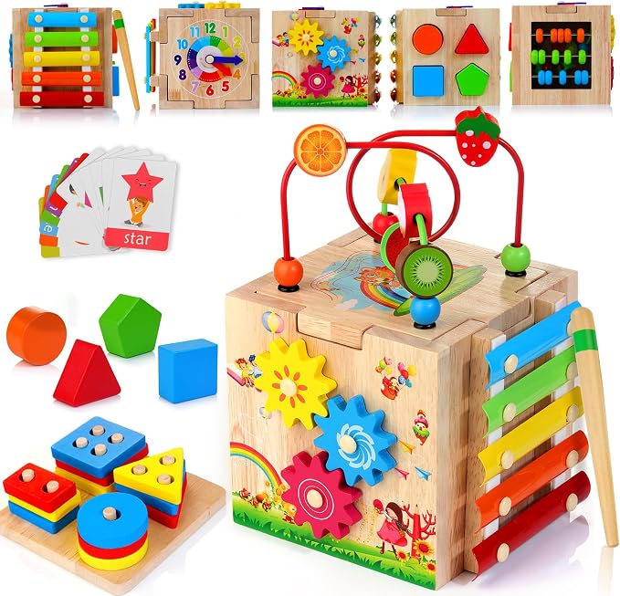 HELLOWOOD 8-in-1 Wooden Activity Cube for Kids, Sorting & Stacking Toys | Montessori Toy for 1 Year Old, Multifunctional Early Development Learning Toy, Ready for Gifting