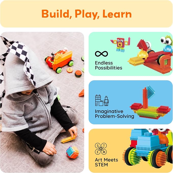 PicassoTiles 116 Piece Hedgehog Building Blocks, STEM Toy Set Kids Ages 3+ | soft interlocking bristle tactile construction, 4 action figure characters, decorative eyes, early educational creative play