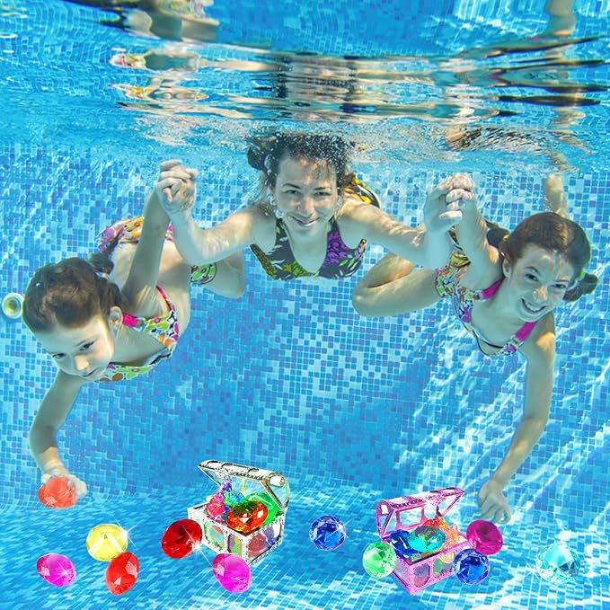 60Pcs Diving Gems Pool Toys Big Colorful Diamonds Set with Treasure Chest | Fake Plastic Acrylic Crystal Seashell & Gemstones, Underwater Mermaid Hunt Pirate Treasure Games for Kids, Gold and Bronze