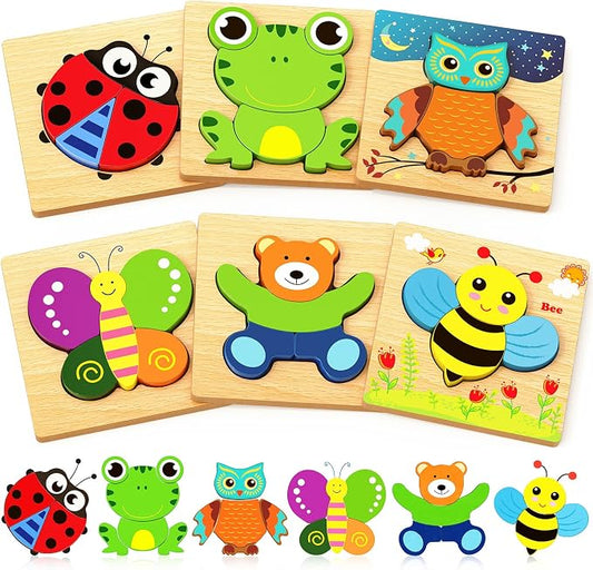 Bekayshad Wooden Puzzles for Toddlers 1-3, Montessori Toys for 1 2 Year Old | Toddler Puzzles, 1 2 Year Old Boy Girl Birthday Gifts, 6 Pack Animal Shape Jigsaw Puzzles, Learning Educational Preschool Toy