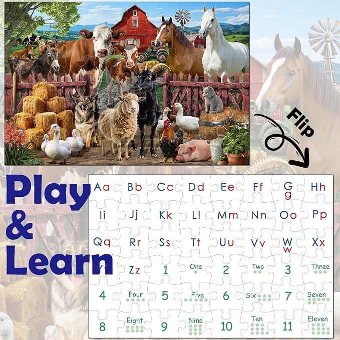 VGY Jumbo Floor Puzzle for Kids Ages 3-5,48 Piece Farm Animals Jigsaw Large Puzzles,Big Barn Puzzle for Toddler Ages 3-5,Children Learning Preschool Educational Toys for 4-8 Years Old Boy and Girl
