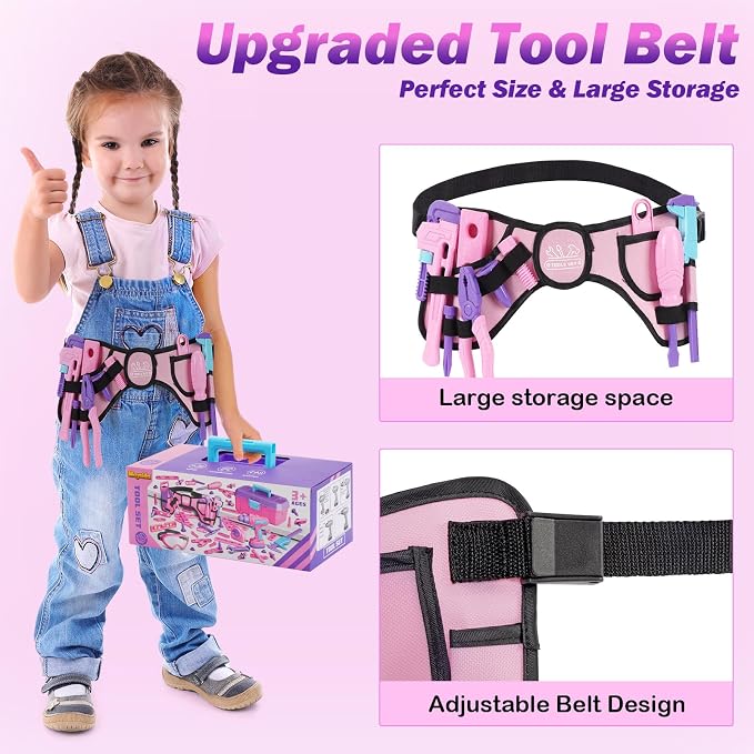 Kids Tool Set, 67 PCS Pink Kids Tool Box for Girls, Electronic Toy Drill&Tape Measure, Pretend Play Girls Toys Construction Tools Kit & Belt, Christmas Birthday Gift Ideas Tool Set Age 3 4 5+