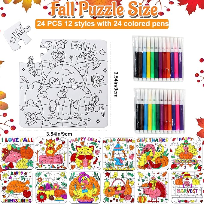 Thanksgiving Fall Arts & Crafts for Kids Autumn DIY Party Favors Puzzle Kit | 24Pcs Fall Craft Jigsaw Pumpkin Turkey, Thanksgiving Harvest Activities Classroom Gift School Coloring Game Toy Supplies Bulk