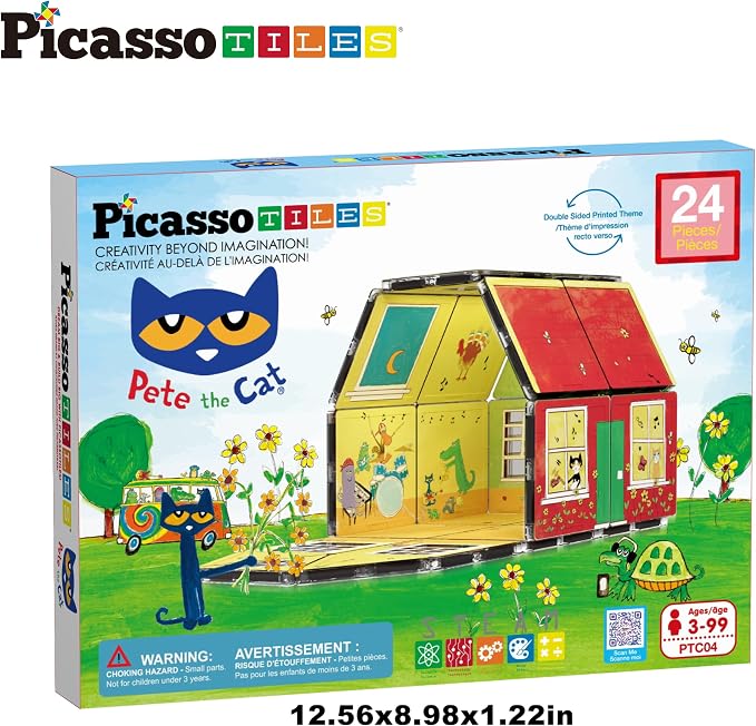 PicassoTiles Magnetic Tiles Pete the Cat Home Theme Building Blocks Double Sided Printing Toddler Magnet Toys Education STEM Learning Kit Construction Brain Development Preschool Kid Game Boy Girl 3+