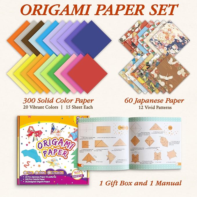 Pigipigi Kids 360 Pcs Origami Paper Kit,Arts and Crafts for Kids Ages 5-12 | Beginners Origami Kit with 60 Japanese paper,Step-by-Step Guiding Book, DIY Craft Birthday Gift for Boys Girls ages 5-12