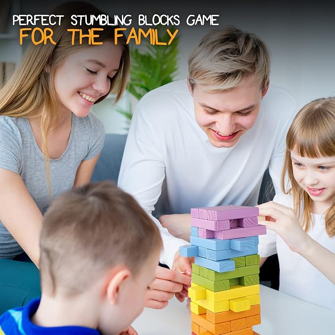 Pidoko Kids Wooden Tumbling Tower Blocks Stacking Game for Kids - 49 Pcs | Board Games for Family Game Night - Montessori Toys Gifts, Includes Storage Bag