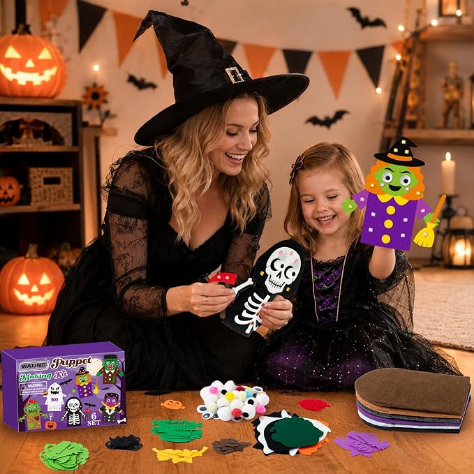 WATINC Hand Puppet Making Kit, Felt Sock Puppet Toys for Kids (Halloween) | 6 Styles, Make Your Own Storytelling & Role Play Crafts, Creative Group Activity, Party Favors & Gifts for Kids Ages 4-8