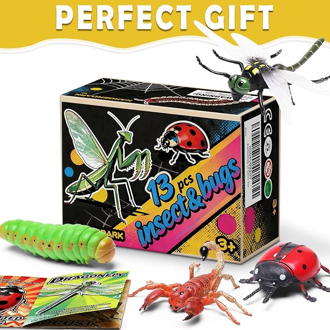 13 Pcs Realistic Insect Toys with Education Booklet and Gift Box, Fake Bugs | Plastic Bugs for Halloween, Party Decoration, Sensory Bin, Creepy Crawlers Toys for Toddler Boys Girls Age 3-5 5-7