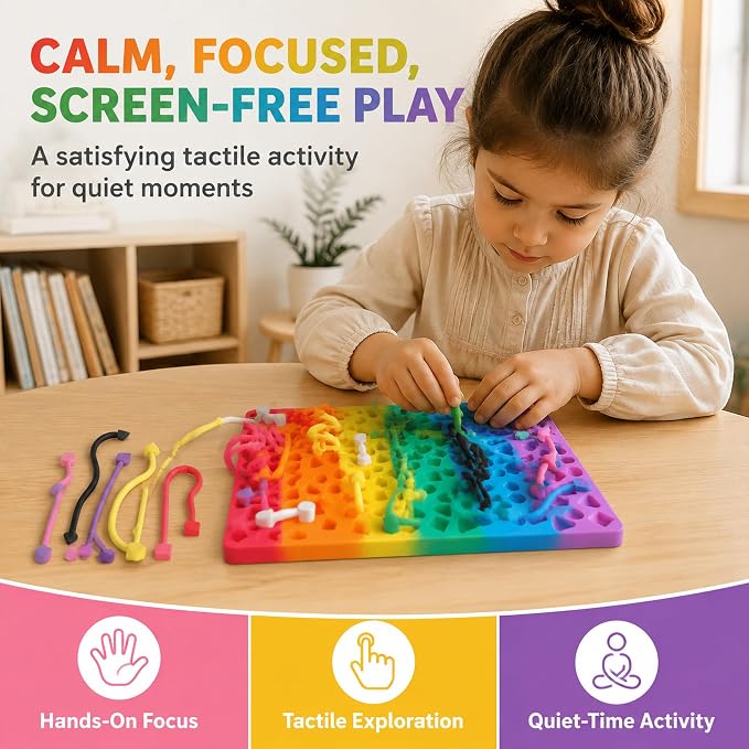 2 Pack Sensory Activity Board, Stress Relief Silicone Quiet Toddler Sensory Toy, Silicone Sensory Activity Board, ADHD & Autism Sensory Toys for Kids & Adults |with a Travel Bag & 24 Strin(B)
