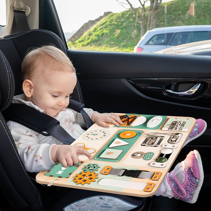 Montessori Busy Board for Baby & Toddlers 1-3 | Wooden Sensory Activity Board with 13 Activities, Real Metal Locks & Latches | Fine Motor Skills Educational Toy for 1 2 3 Year Old