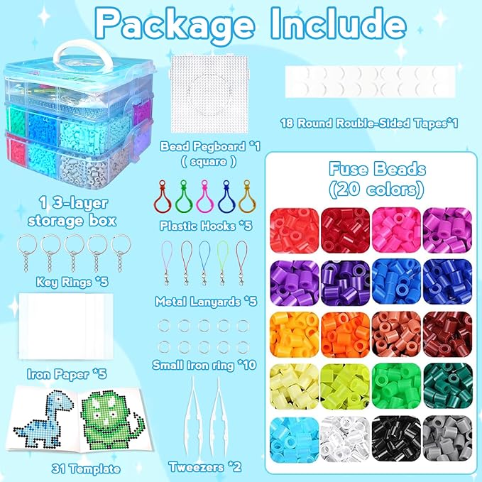 11000 Fuse Beads Kit for Kids-20 Colors 5mm Bead Craft Set with Storage Box, Pegboard, Ironing Paper and Accessories, DIY Craft Kits, Arts and Crafts Set Toys Gifts for Girls & Boys Birthday Christmas