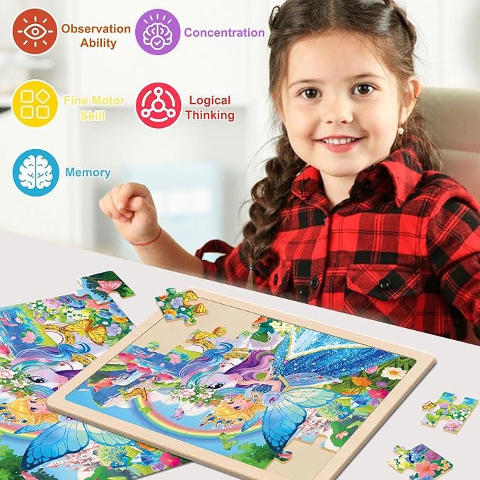 Puzzles for Kids Ages 4-6, 4x24 PCs Unicorn Princess Mermaid Wooden Puzzles | Unicorn Puzzles for Toddlers & Kids Ages 3-5, Preschool Educational Puzzles Toys, Birthday Gifts Set for Girls