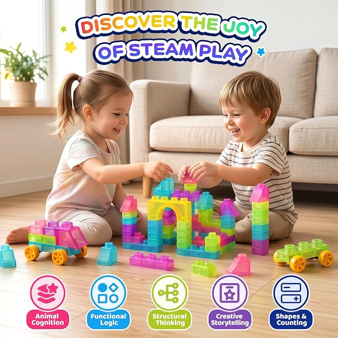 57PCS Soft Glow in The Dark Building Blocks for Toddlers, Dream City | Preschool Educational Creative Play, Montessori Squeezable, Stretchable Early Learning Construction Playset, Puzzle Blocks