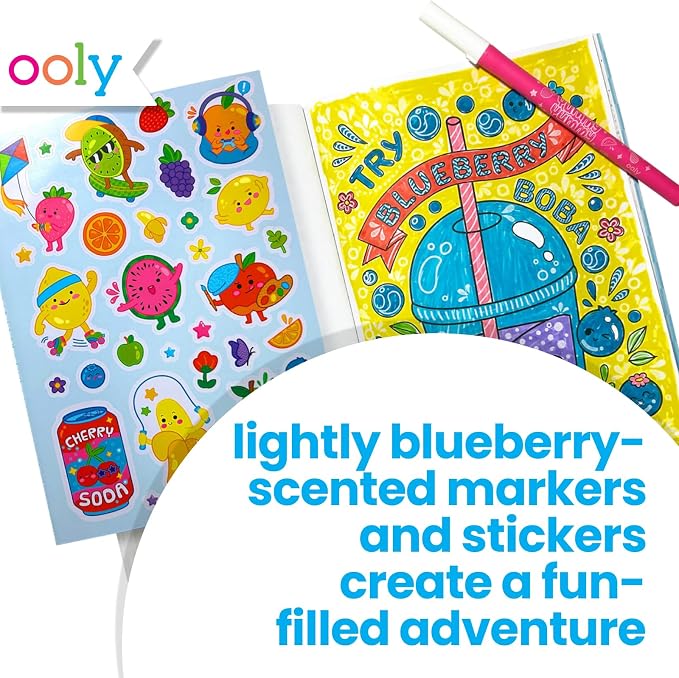 Ooly Yummy Yummy Scented Coloring Kit for Kids, 10 Markers, 30-Page Book | Ages 4+, 10 Fruit-Scented Markers, 100+ Scented Stickers, 30-Page Hidden Pattern Coloring Book, Mess-Free Travel Activity