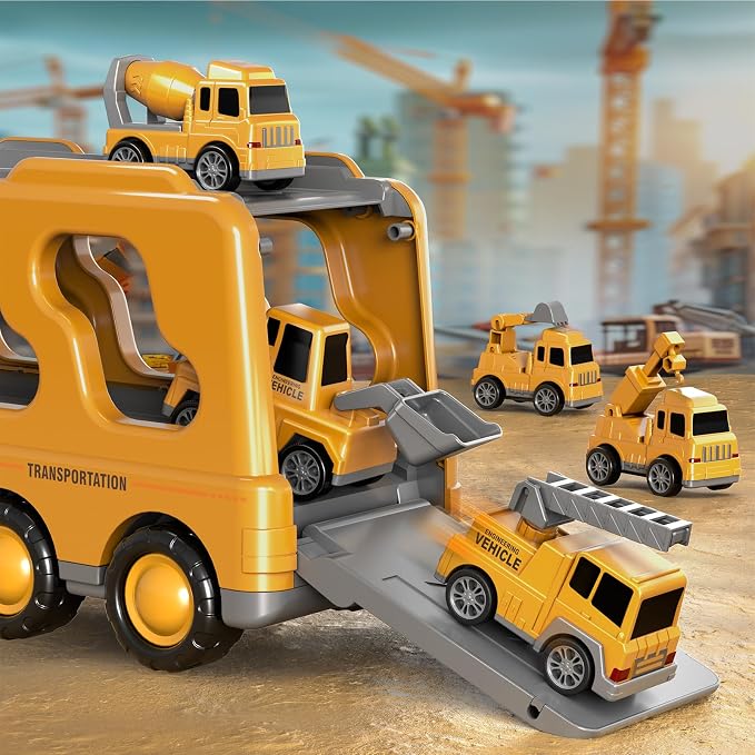 Beby Buty 7 in 1 Construction Trucks Cars for Toddlers 3-5, Boy Toddler Car Truck Toys with Light Sound, Birthday Gifts for 3 4 5 6 Year Old Boy