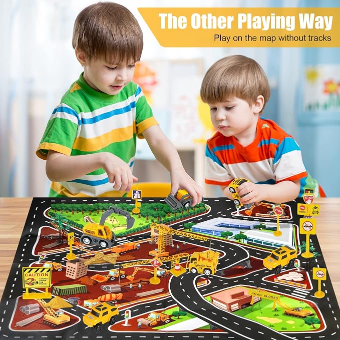 260PCS Construction Race Car Track Set for Kids Toys | 2 Electric Cars, 4 Construction Cars, 1 Map & Flexible DIY Track Set, Engineering Toys for 3 4 5 6 Year Old Boys Girls