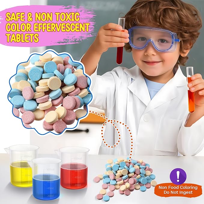 Color Science Kit, 120 Fizzing Tablets, Test Tubes and Beakers | Red, Yellow and Blue Tablets, Mix 3 Primary Colors, 4 Test Tubes, 3 Beakers, 3 Droppers, Stirring Stick