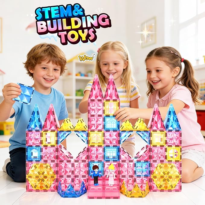Magnetic Tiles 102pcs with 2 Stairs 2 Dolls Princess Castle Kids Ages 3-12
