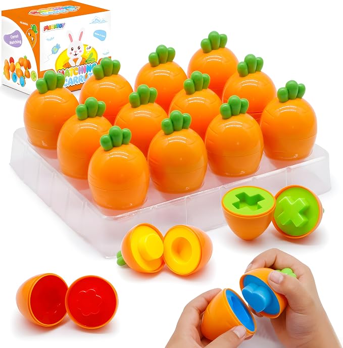 MOONTOY 12PCS Kids Carrot Matching Eggs Easter Toys for 18M+ Year Old | Preschool Matching Eggs, Educational Shape Sorter Montessori Sensory, Easter Gifts for Kids Boys Girls Easter Basket Stuffers