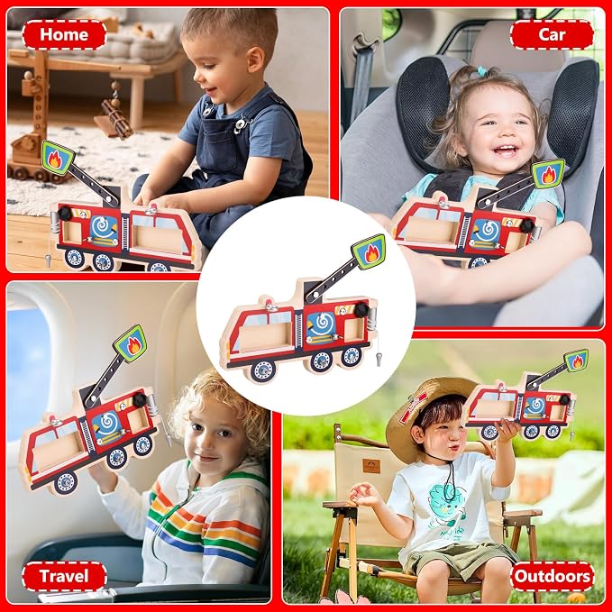 Wooden Fire Truck Screw Activity Board with Tools, Montessori-Inspired, 3+ | Removable screws and pieces for matching, turning and refitting, with storage bag for tidy pack-away