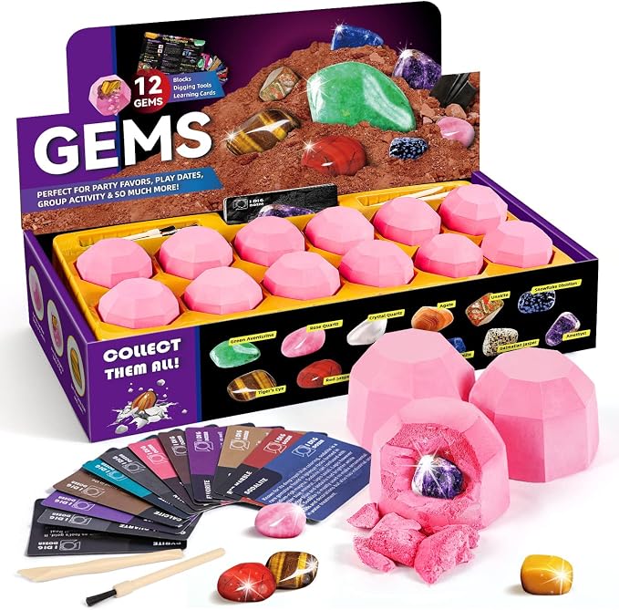 Gamerside Gemstones Dig Kit, 12 Real Gem Mining Kit, STEM Toy 6+ | Dig It Up Gemstones & Minerals, 12 Digging Tools Included, Perfect for Party Favors & Group Activities, Great Gift for Kids