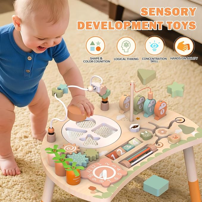 Weilim Activity Table for 18 Months+, 9-in-1 Wooden Montessori Toddler Toy | Bead Maze, Magnetic Fishing Game, Shape Sorter, Spinning Gears, Teach-Time Clock, Animal Maze, Carrot Harvest and More