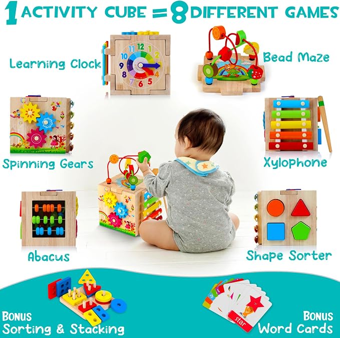 HELLOWOOD 8-in-1 Wooden Activity Cube for Kids, Sorting & Stacking Toys | Montessori Toy for 1 Year Old, Multifunctional Early Development Learning Toy, Ready for Gifting