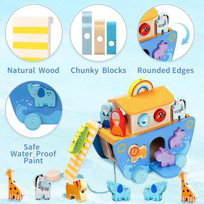 Wooden Noahs Ark Toy with Animal|Baby Baptism Gifts for Boys and Girl | Montessori Toys for 1+ Years Old|Eductional Shape Sorting Noah's Ark Toys for Toddlers 1-3|Learning Christening Birthday Gift