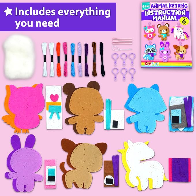 KRAFUN Unicorn Animal Sewing Keyring Kit for Kids Ages 7-12 | 6 Dolls | Make 6 stuffed animal keyrings: Bear, Dog, Rabbit, Raccoon & Owl. Instructions & felt materials included