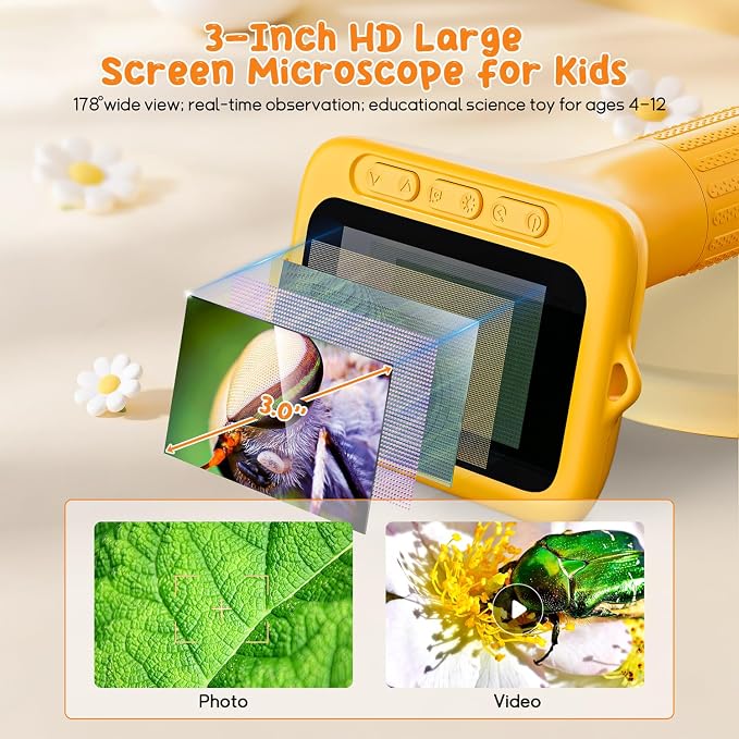 SKYBASIC Digital Microscope for Kids, 3" Screen 1000X Handheld Microscope HD Pocket Portable Microscopes Camera, Science Edu Fun Birthday Gifts Toys for Ages 4-12 Children Students Boys Girls -Yellow