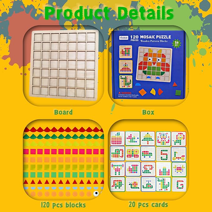 Pattern Blocks and Boards with 120 Pieces Colored Wooden Shape Blocks, with 20 Pieces Design Cards, Kindergarten Classic Geometric Puzzles Toys for Girls and Boys