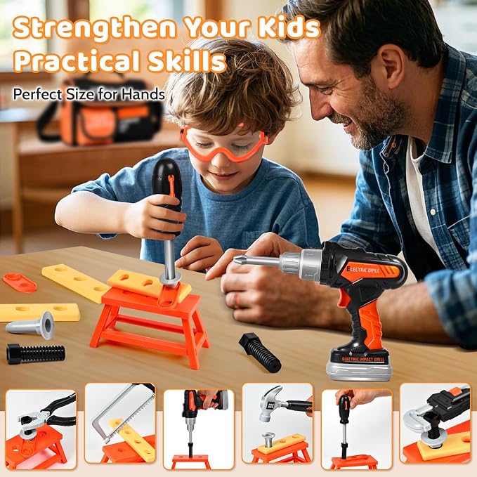 Kids Tool Set 49 PCS, Portable Tool Bag with Battery Powered Toy Drill & Adjustable Belt, Pretend Play Toddler Tool Set, Construction Toys for Boys & Girls Age 3-8, STEM Gifts