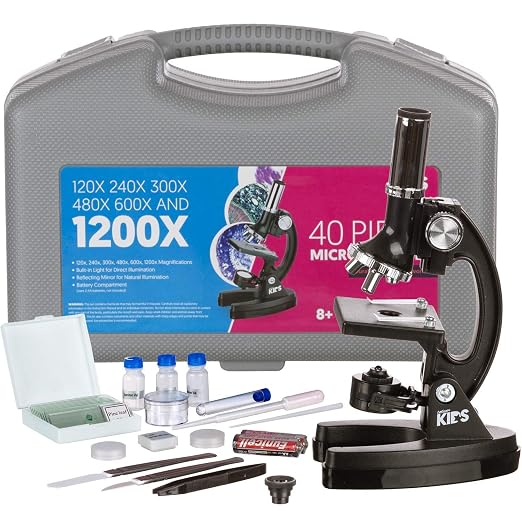 AmScope KE-8Q8Q-VVLY Microscope Kit, LED and Mirror Illumination, 1200X | 120X-1200X Magnification Range Built-In LED Illumination