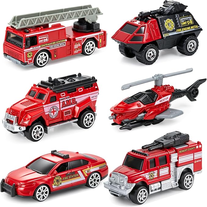6 Pack Diecast Fire Truck, Mini Alloy Fire Truck Toy for Toddlers 3-5 Firetruck City Emergency Cars Toys Set for Kids Boys Age 3 4 5 6 7 Years Old Goodie Bag Stuffers Birthday Gift